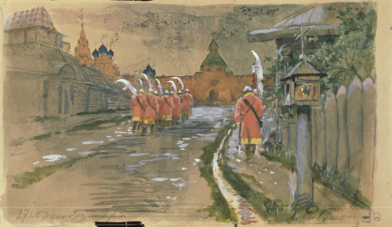 在老莫斯科Ilyinsky门口的Strelets巡逻队，1897年 作者 安德烈·彼得罗维奇·里亚布什金