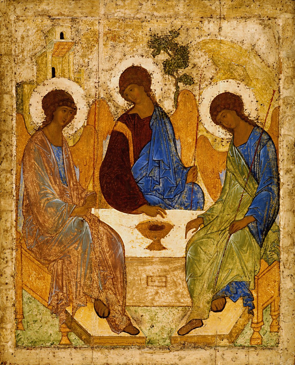 俄语："三位一体" Holy Trinity (Troitsa) 作者 安德烈·鲁布列夫（Andrei Rublev）