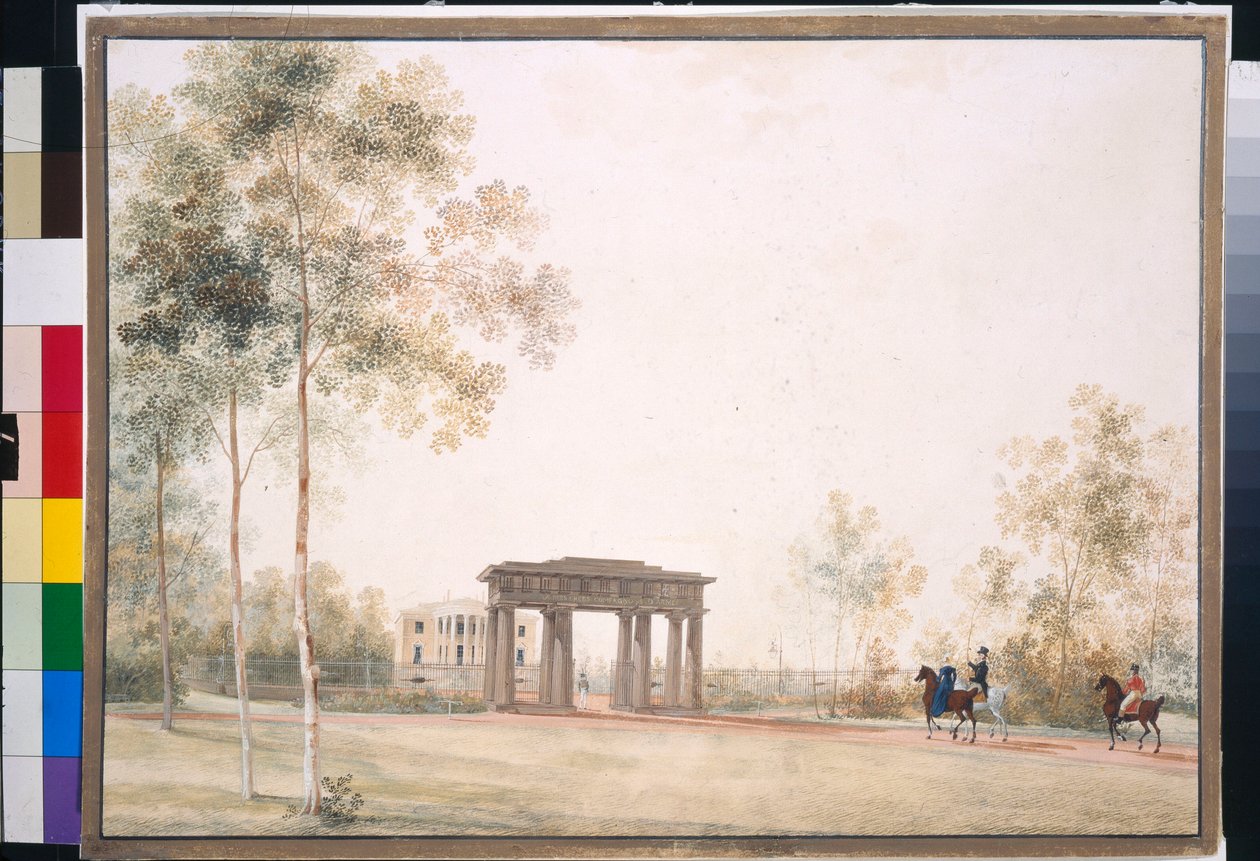 安德烈-叶菲莫维奇-马尔蒂诺夫（1768-1826 年）的作品 "察尔斯科耶塞洛公园入口"，1821 年后纸上水粉画，38,5x51,5，莫斯科国立特列季亚科夫画廊。 作者 安德烈·叶菲莫维奇·马蒂诺夫（Andrei Yefimovich Martynov）