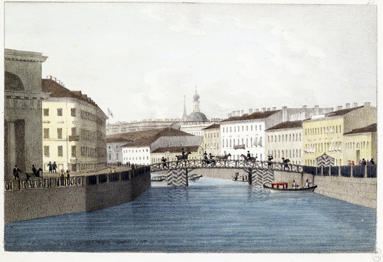 Le pont Bolshoi Koniushennyi a Saint Petersbourg.(圣彼得堡的 Bolshoi Koniushennyi 桥）。Lithographie et aquarelle de Andrei Yefimovich Martynov (1768-1826) 作者 安德烈·叶菲莫维奇·马蒂诺夫（Andrei Yefimovich Martynov）