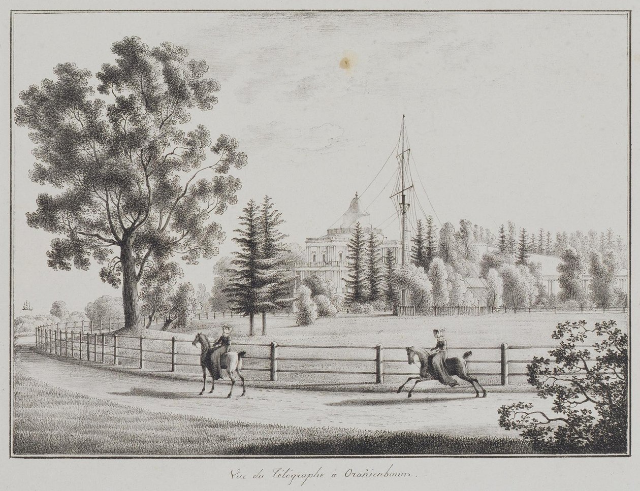 1821-1822年，奥拉宁鲍姆（Oranienbaum）的雪橇亭和电报机的视图 作者 安德烈·叶菲莫维奇·马蒂诺夫（Andrei Yefimovich Martynov）