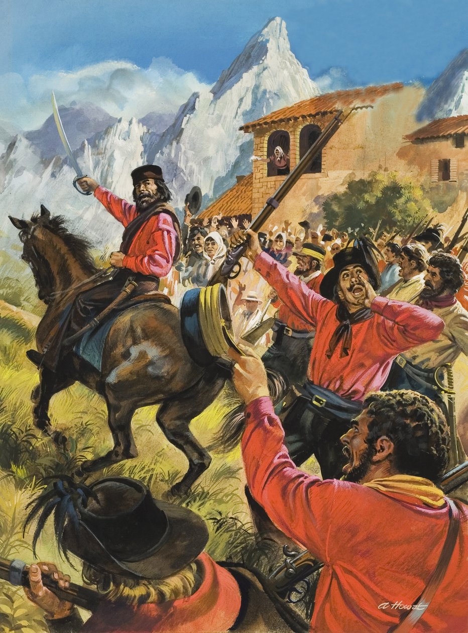 吉塞佩-加里波第（1807-82 年）和他的军队在与新波利王室军队的战斗中（纸面水粉画） 作者 安德鲁·豪瓦特