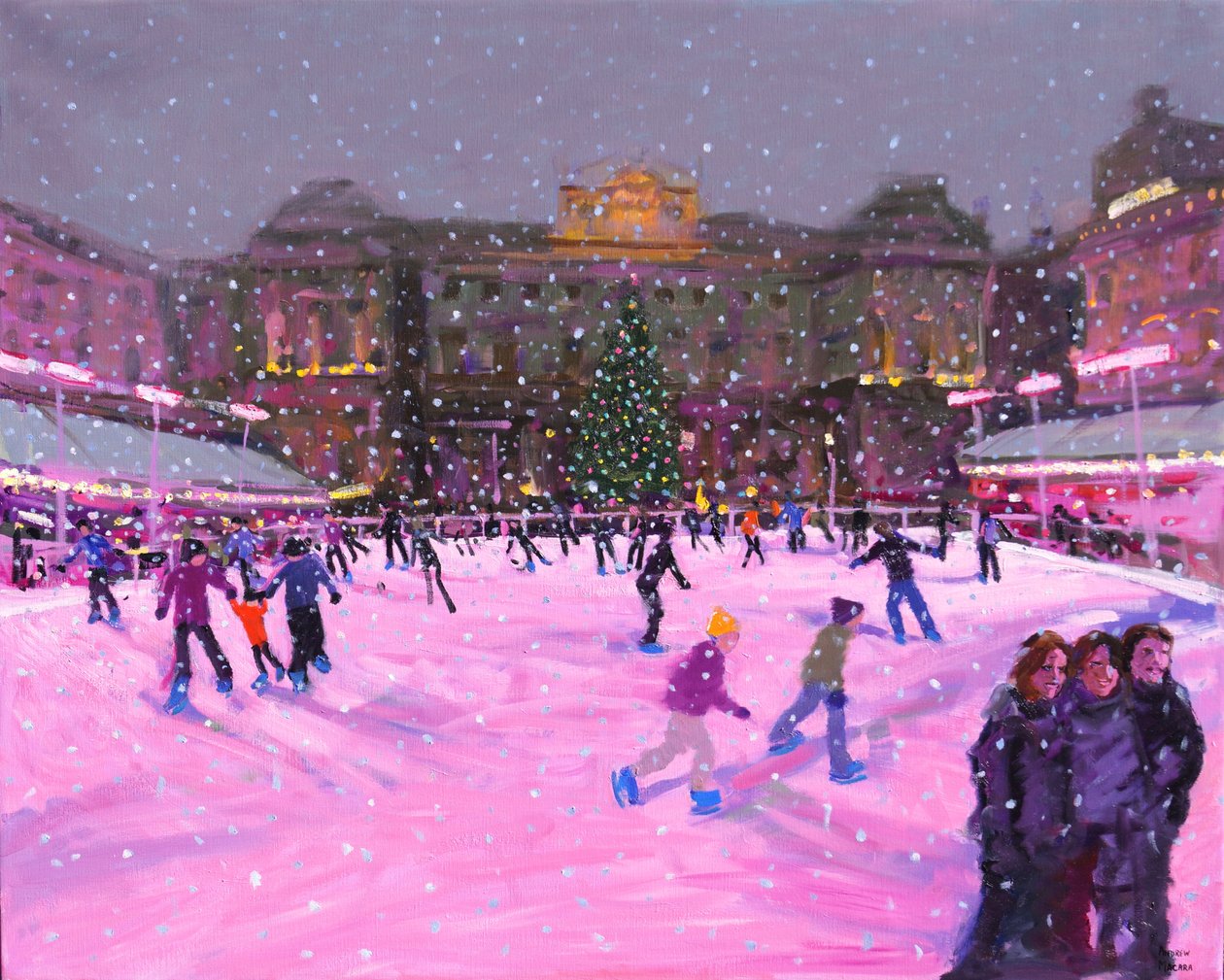 Christmas skating,Somerset House with pink lights,2014 (oil on canvas)(updated image) 作者 安德鲁·马卡拉（Andrew Macara）
