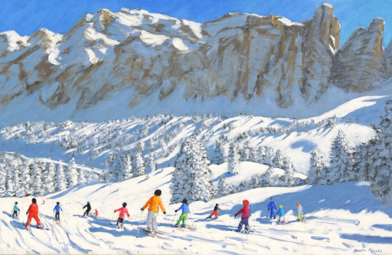 彩色的滑雪者，意大利瓦尔加德纳，2019年，（布面油画 作者 安德鲁·马卡拉（Andrew Macara）