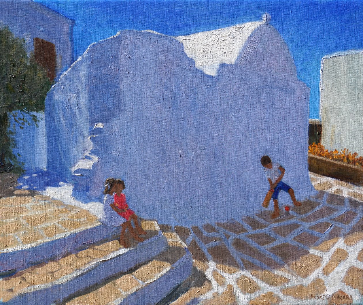 教堂墙上的板球，米克诺斯（布面油画） 作者 安德鲁·马卡拉（Andrew Macara）