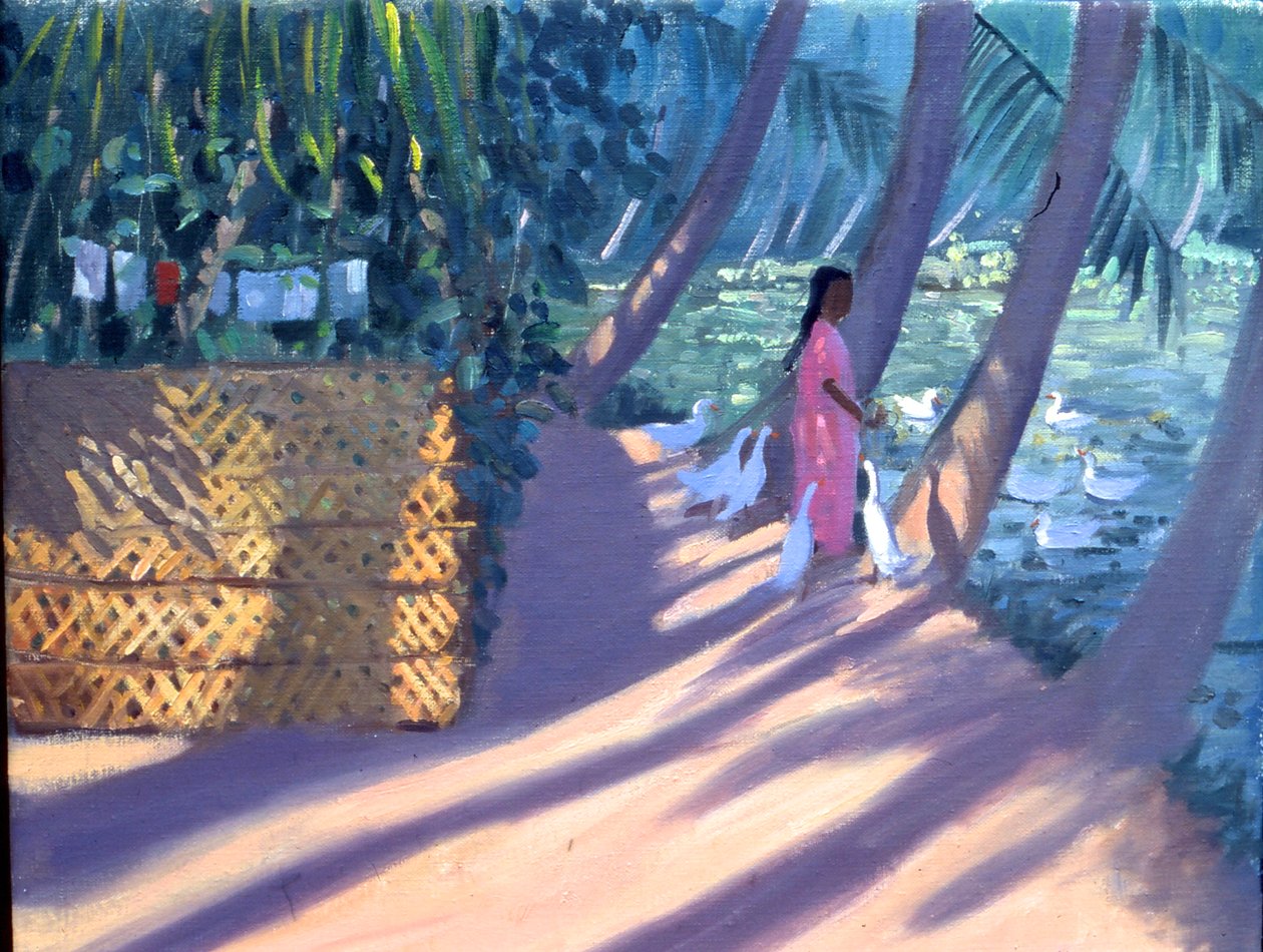 喂鸭子，印度喀拉拉邦（布面油画） 作者 安德鲁·马卡拉（Andrew Macara）