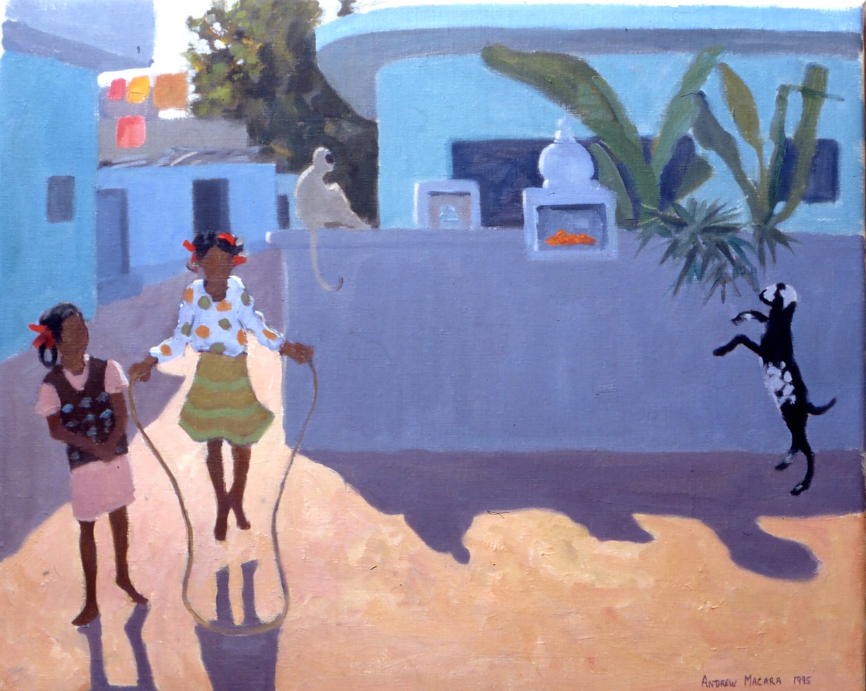 女孩跳绳、猴子和山羊、印度 作者 安德鲁·马卡拉（Andrew Macara）
