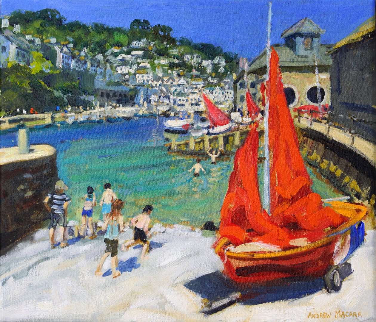 在港口玩耍，康沃尔卢厄，2012 年（布面油画） 作者 安德鲁·马卡拉（Andrew Macara）