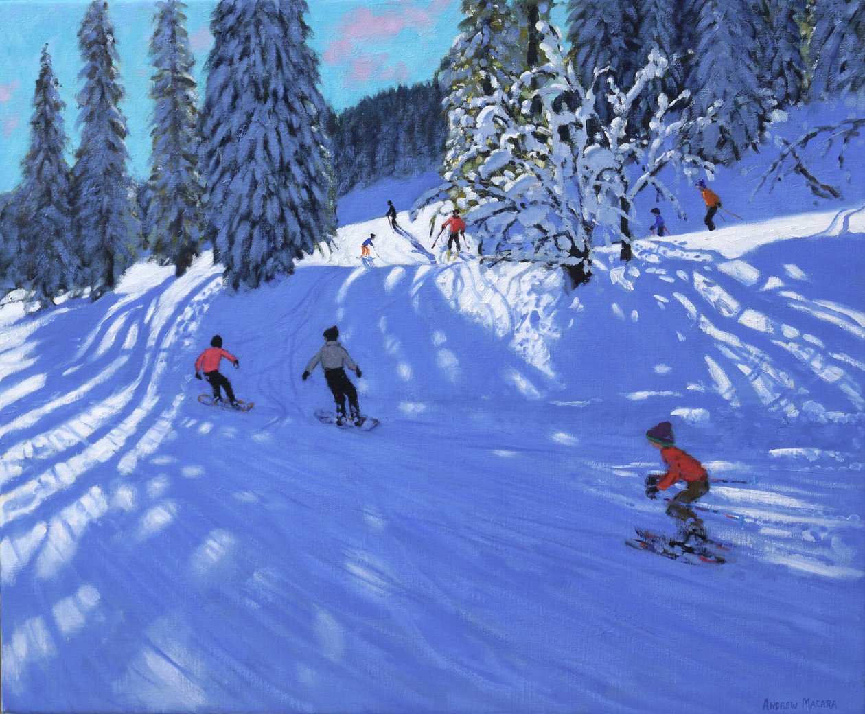 滑雪板和滑雪者，法国莫尔辛，2022 年（布面油画） 作者 安德鲁·马卡拉（Andrew Macara）