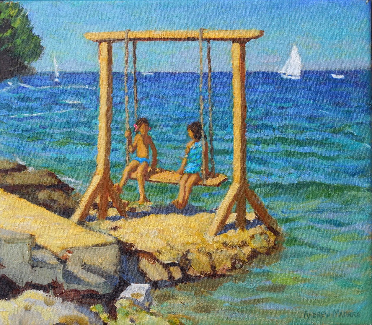 秋千，Funtana，Vrsar，克罗地亚。14x16" 2019(布面油画) 作者 安德鲁·马卡拉（Andrew Macara）