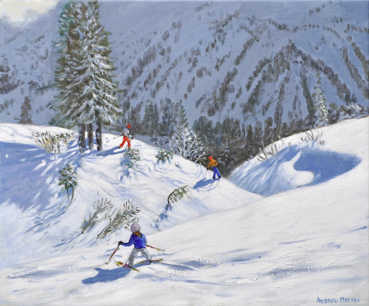 三位滑雪者，奥地利基茨布厄尔，2024 年（布面油画） 作者 安德鲁·马卡拉（Andrew Macara）