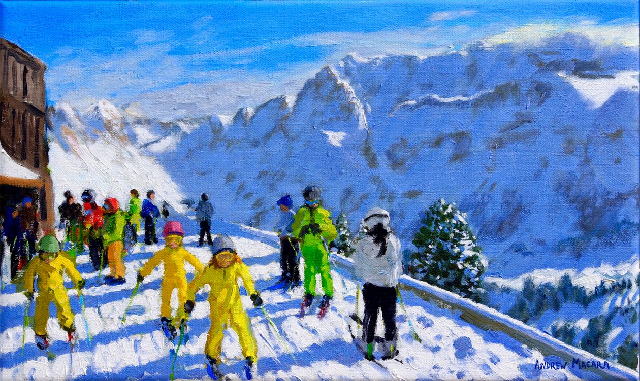 年轻滑雪者以黄色，Val加迪纳意大利12x20 作者 安德鲁·马卡拉（Andrew Macara）