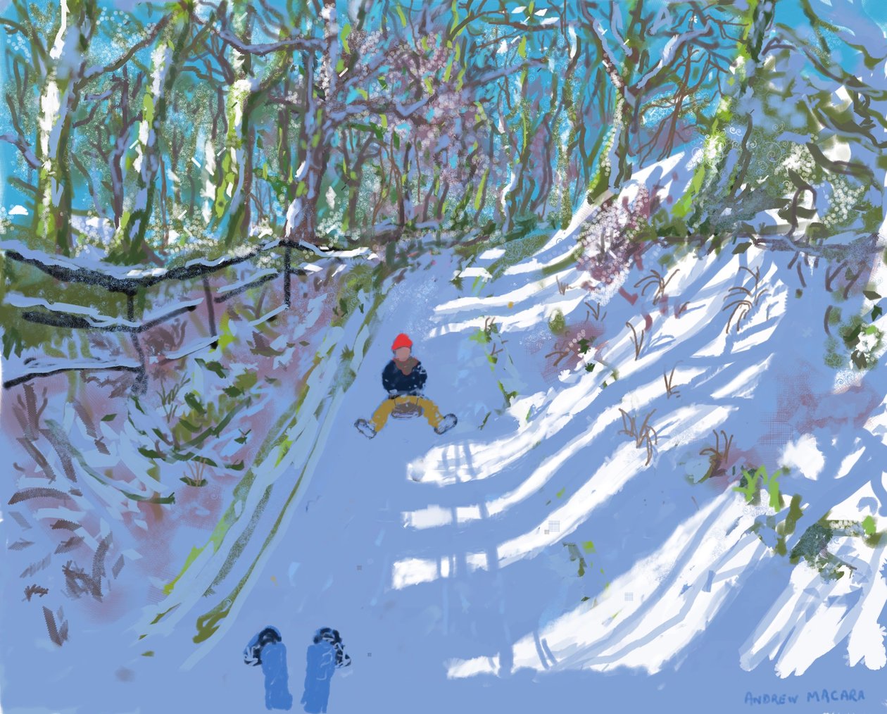 iPad painting,Sledging,Windley Lane,Idridgehay,Belper,2021,Prints available. 作者 安德鲁·马卡拉（Andrew Macara）