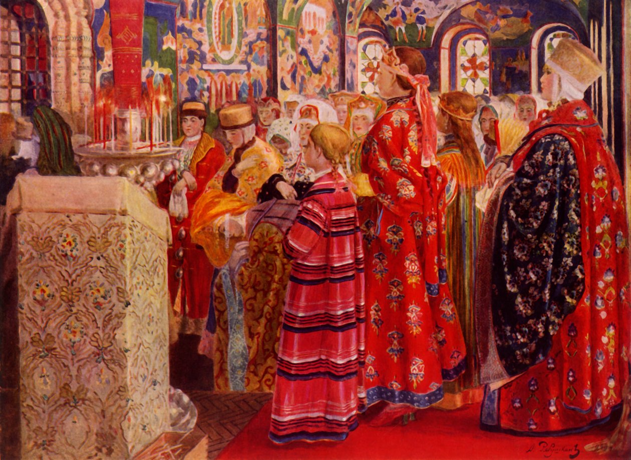 17世纪的俄罗斯妇女在教堂》，1899年，1965年。   作者 安德烈·里亚布什金