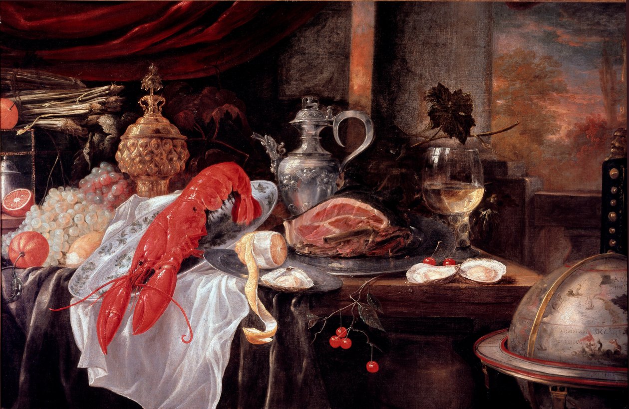 龙虾、火腿、银器静物画 安德里亚-贝内德蒂（1620-）法恩莎，伯爵博物馆 作者 安德里斯·贝内代蒂（Andries Benedetti）