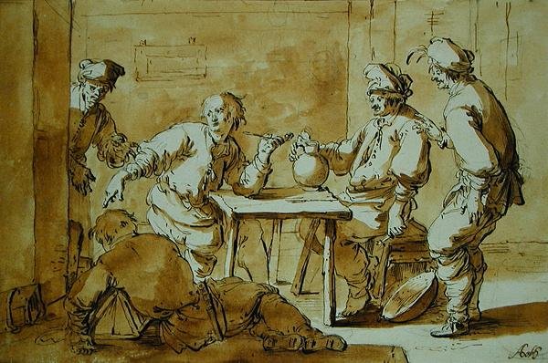 在酒吧，1633年（纸和笔在纸上洗） 作者 安德里斯都