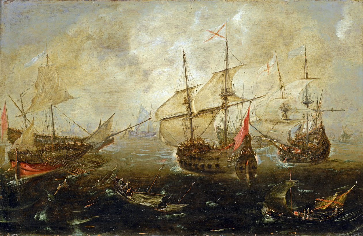 英国船只（右）和西班牙船只之间的演习，船只相互靠近，看上去满载货物，可能是士兵 作者 安德斯·范·埃特维尔特