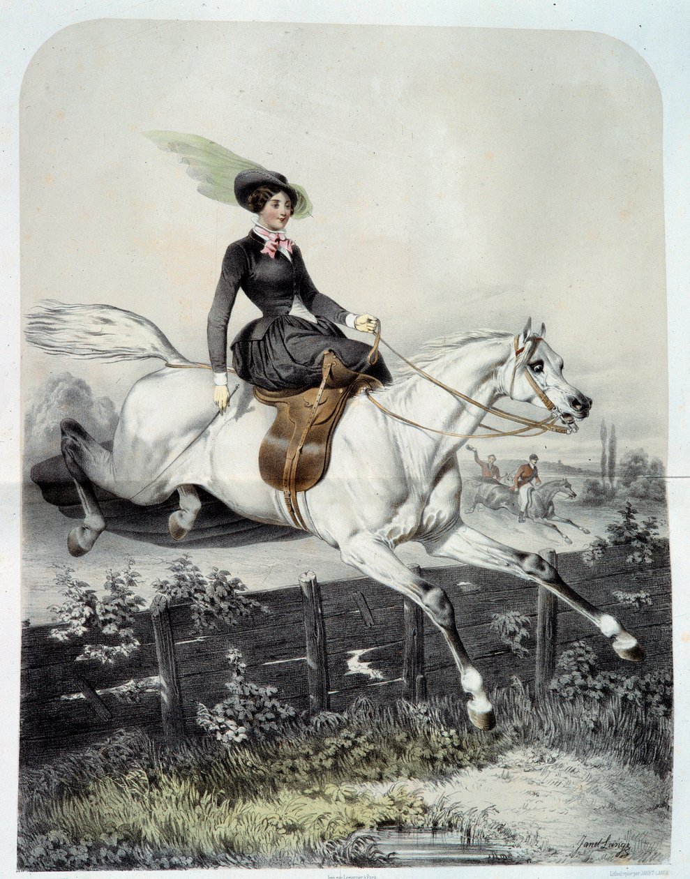 Ange Louis Jawe Lange (1815-1872) 19 世纪私人收藏的亚马逊年轻骑手跳过障碍石版画 作者 昂热·路易斯·珍妮特