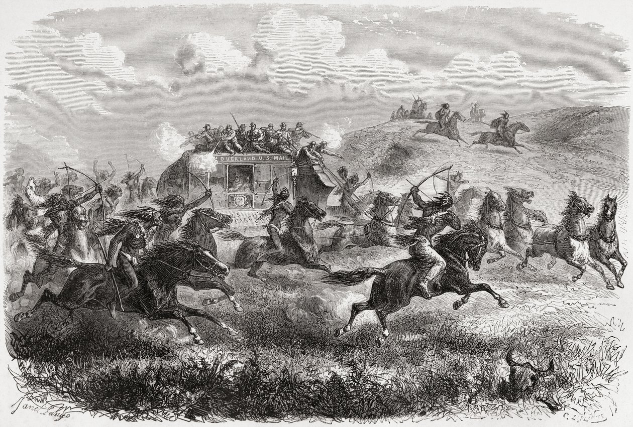 印第安人在1867年攻击横贯大陆的驿马，插图来自“掌中世界”，由Charles Laplante（1990年出版），1878年出版 作者 昂热·路易斯·珍妮特