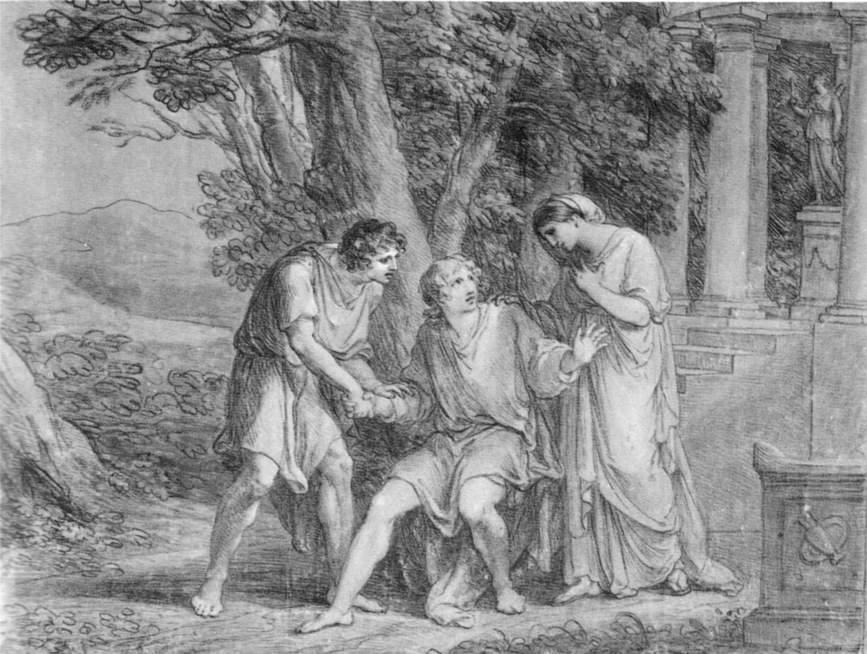 第三幕，第三幕来自歌德在Tauris的Iphigenia。画画。 1802年在魏玛演出的最终版本的首演。歌德，扮演奥雷斯特斯，坐在中心 作者 当归考夫曼