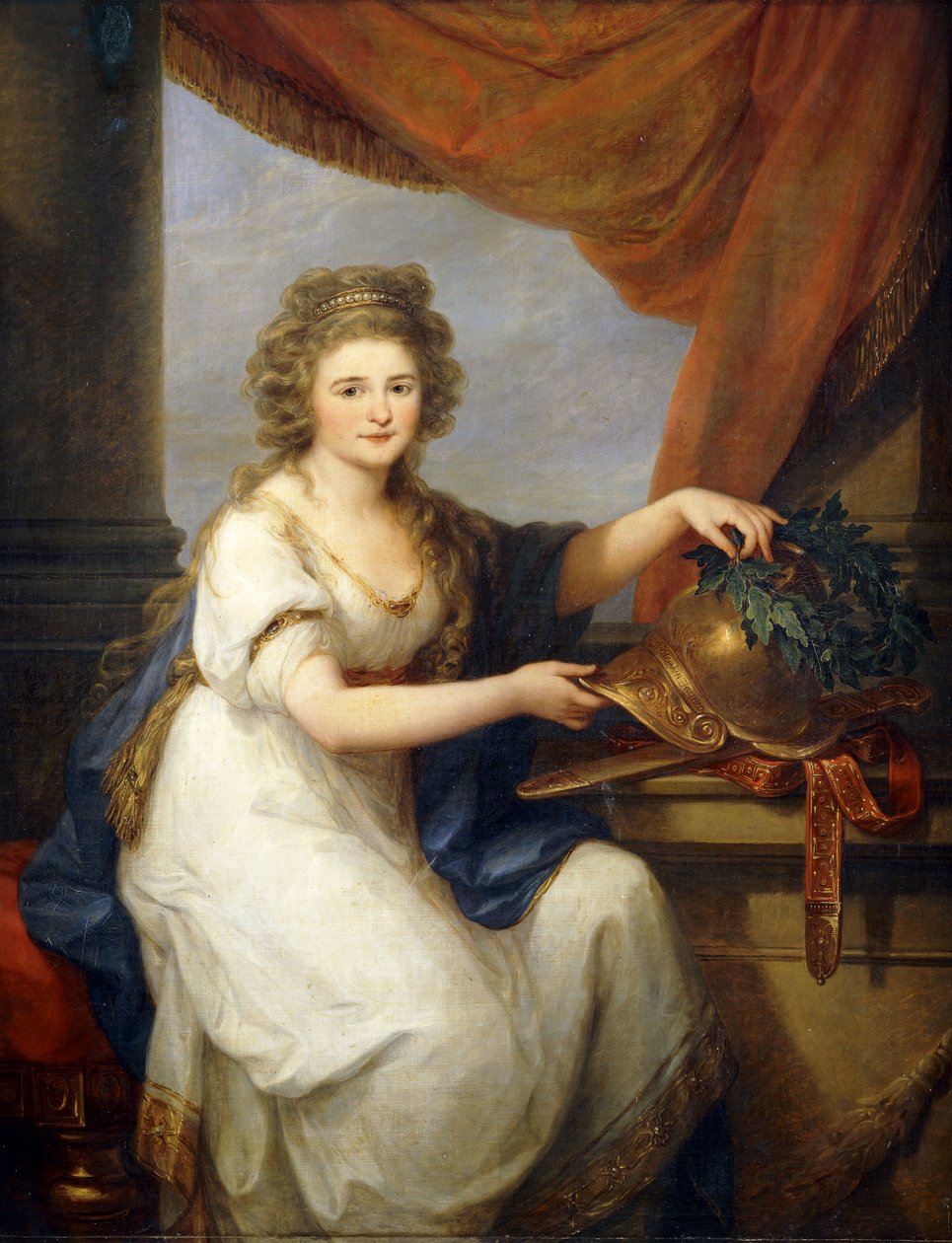 伯爵夫人凯瑟琳·斯卡夫龙斯卡（Catherine Skavronska）肖像，坐着四分之三长，穿着新古典主义服饰，垂坠窗帘，装饰头盔，题为“ Potemkin Taurico”，戴花环，1789年 作者 当归考夫曼