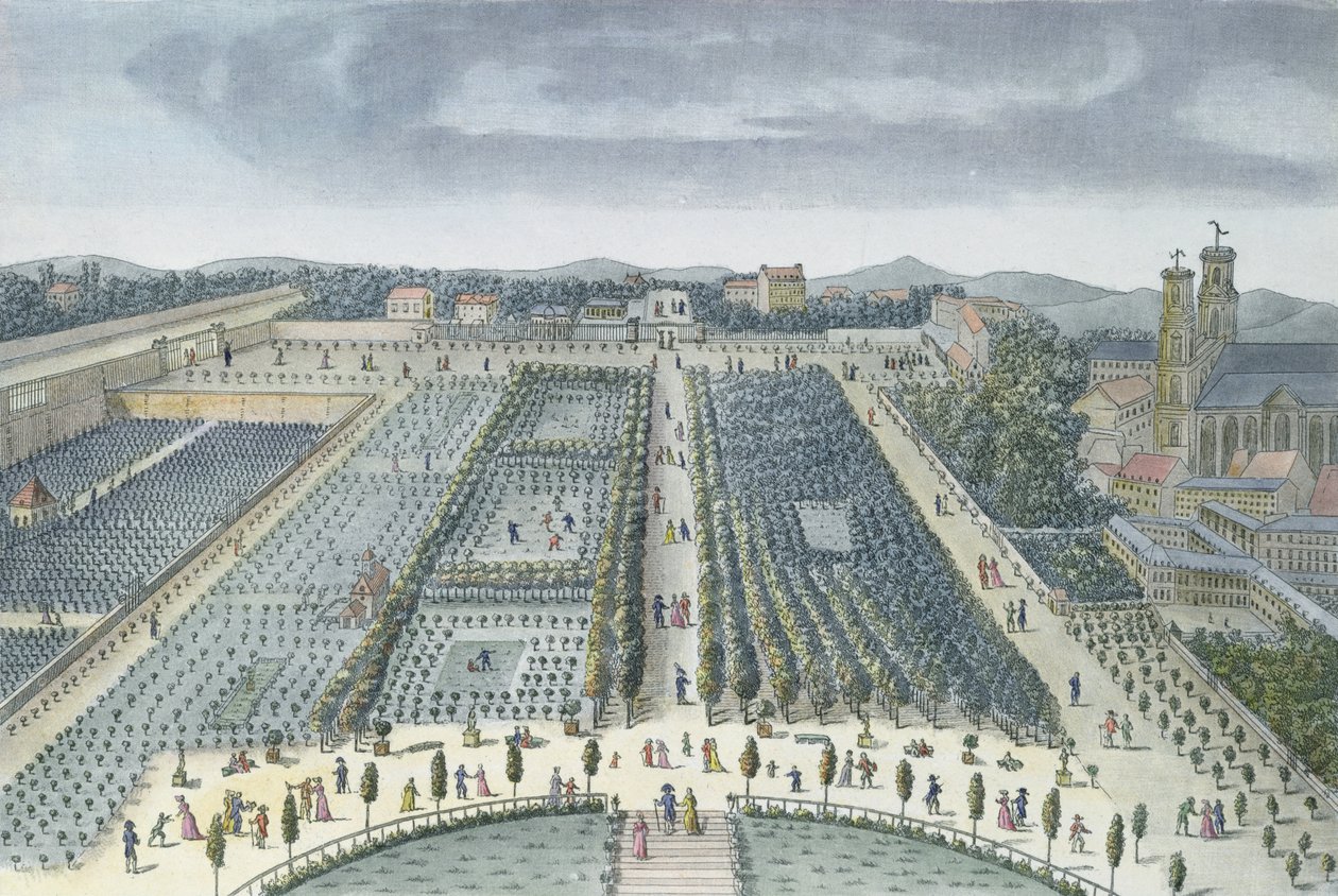 巴黎卢森堡花园一般视图，1810年，由JB Chapuis（aquatint）雕刻 作者 安吉洛·加尔比萨（Angelo Garbizza）