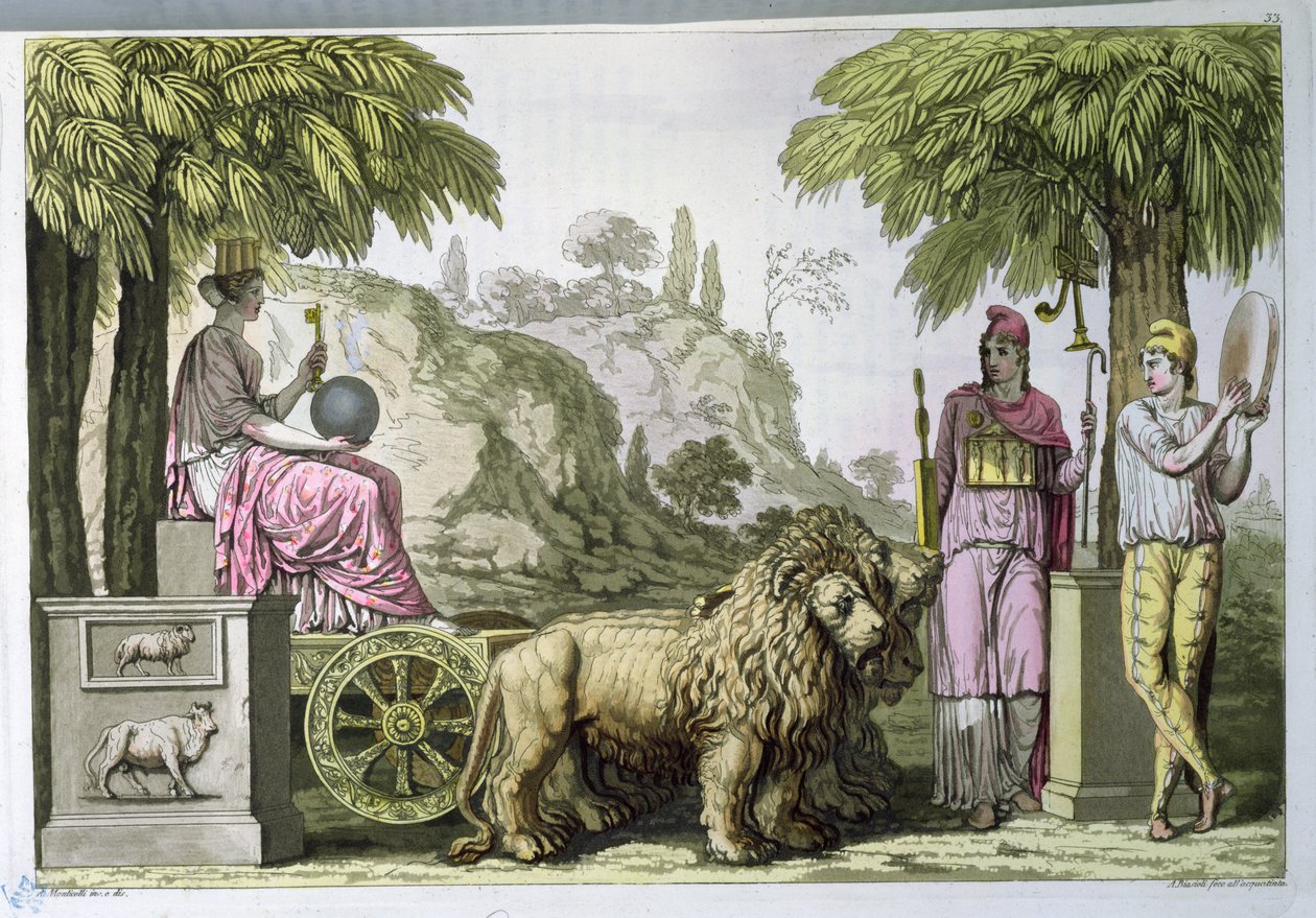 Cybele在她的战车和Attis上，来自Jules Ferrario的&39;Le Costume Ancien ou Moderne&39;，由A. Biasioli雕刻，1820年（aquatint） 作者 安吉洛·蒙蒂塞利（Angelo Monticelli）