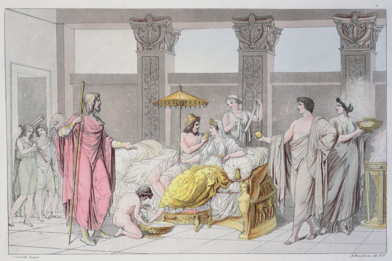 尤利西斯和佩内洛普的婚礼，来自Jules Ferrario的&39;Le Costume Ancien ou Moderne&39;的插图，由米兰1821年的A. Biasoli雕刻（彩色雕刻） 作者 安吉洛·蒙蒂塞利（Angelo Monticelli）