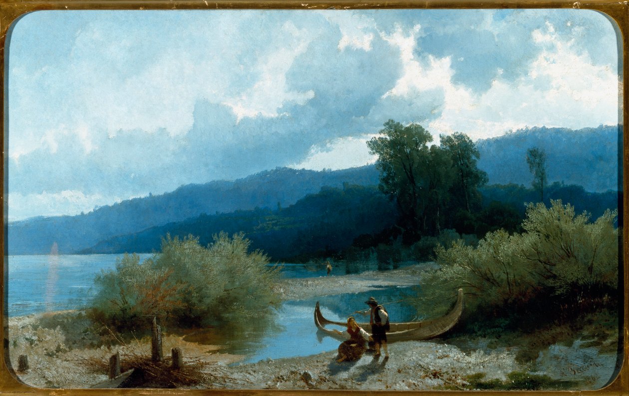 湖景 (Lakescape) 安杰洛·贝卡里亚 (Angelo Beccaria) (1820-1897) 绘画，1862 年昏暗 55,5x90,3 厘米 Genes，Galleria d