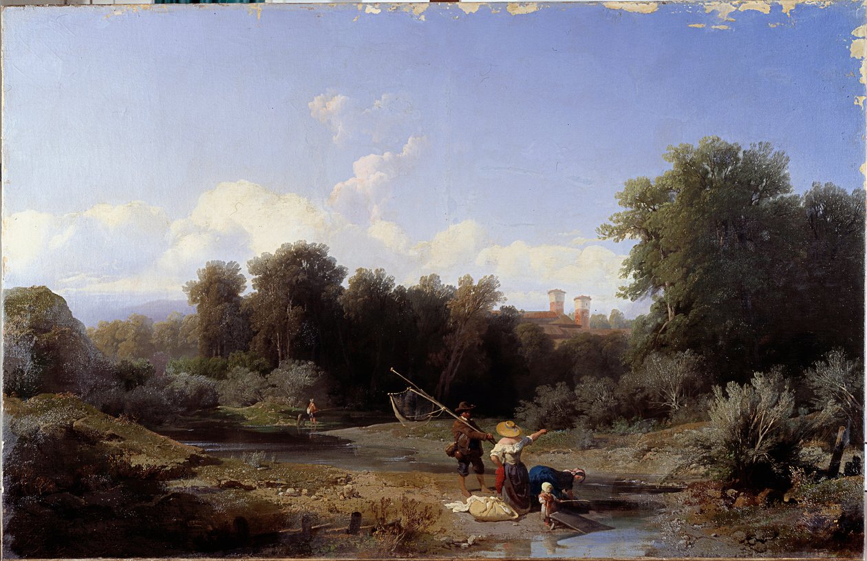 风景或“钓鱼”（在河中钓鱼）安吉洛·贝卡里亚（Angelo Beccaria）（1820-1897 年）1855 年昏暗的 94x146 厘米基因，现代艺术画廊，inv 142 作者 安杰洛·贝卡里亚（Angelo Beccaria）