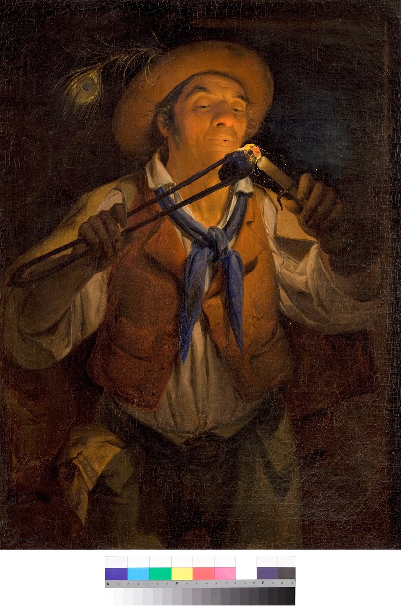 一个农民用燃烧的煤炭点燃蜡烛 安杰洛-英甘尼（1807-1880 年）1850 年绘画 私人收藏 作者 安杰洛·因甘尼