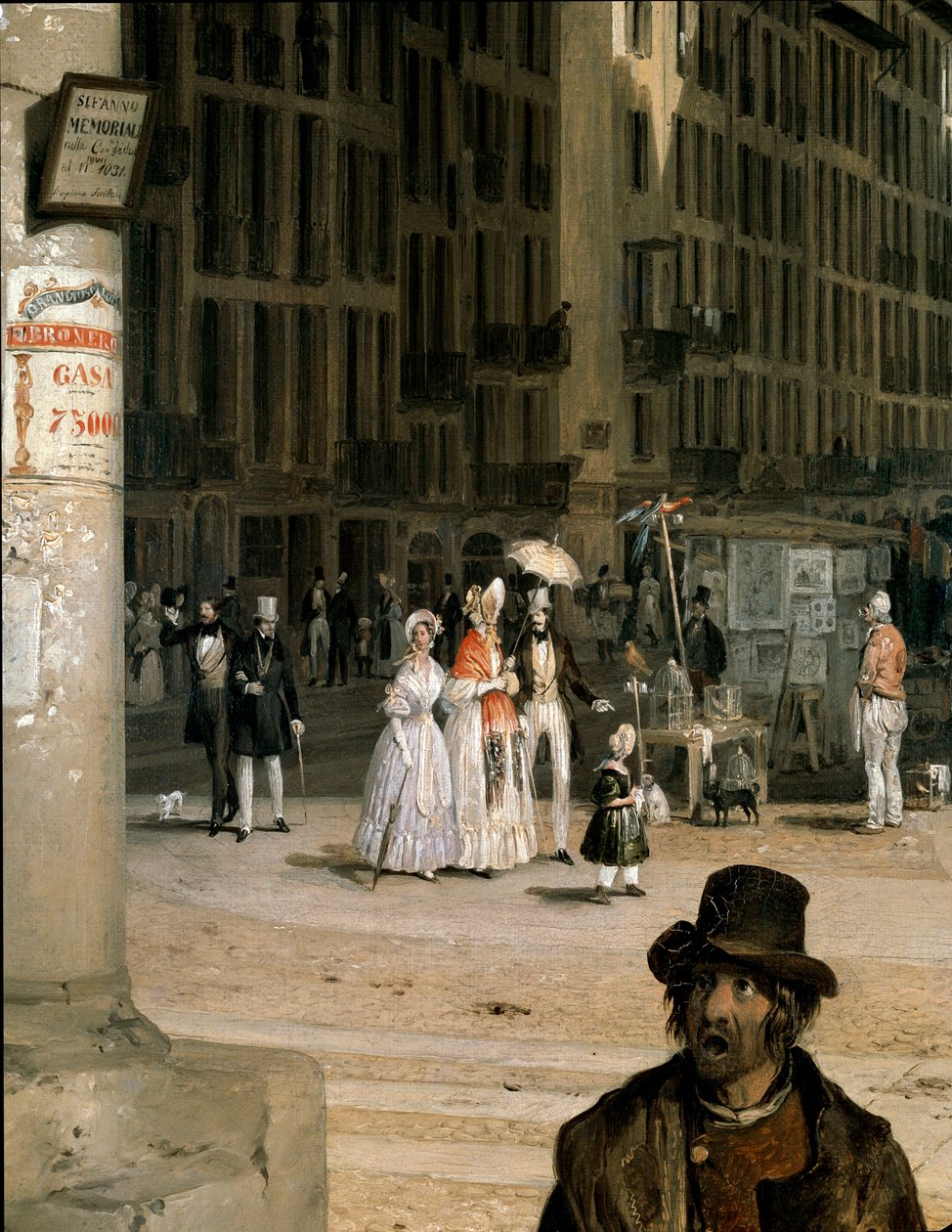 Marche de Figini a Milan（带有 Coperto dei Figini 一角的大教堂广场）细节 - Angelo Inganni (1807-1880) 作画 作者 安杰洛·因甘尼