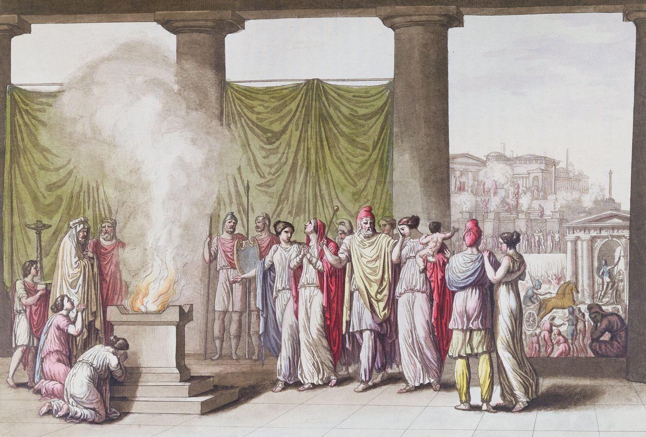 赫克托出发后的Priam家族，来自Jules Ferrario的&39;Le Costume Ancien ou Moderne&39;，由米兰A. Biasioli雕刻，1820年（彩色雕刻） 作者 安吉洛·蒙蒂塞利（Angelo Monticelli）