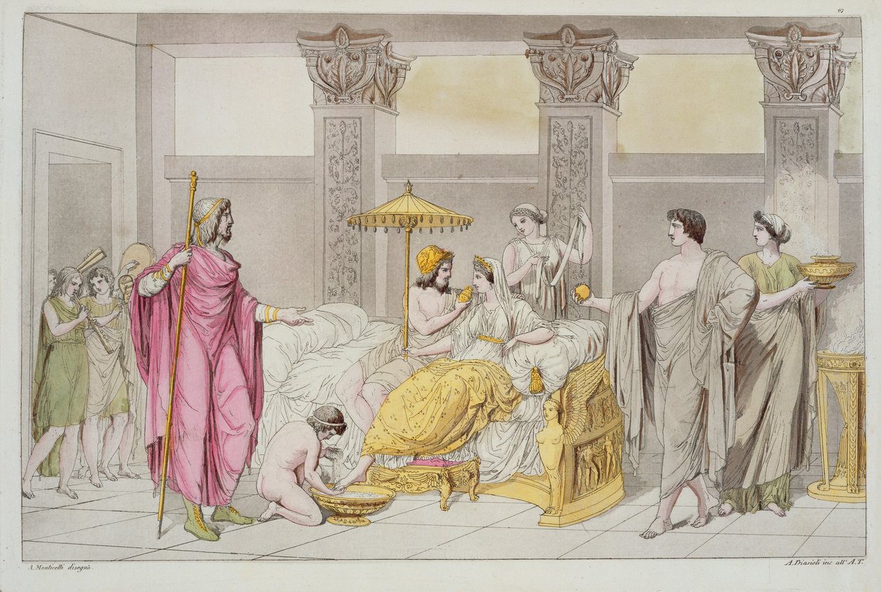 尤利西斯和佩内洛普的婚礼，来自Jules Ferrario的Le Costume Ancien ou Moderne的插图，由1821年米兰的A. Biasoli雕刻（彩色雕刻） 作者 安吉洛·蒙蒂塞利（Angelo Monticelli）