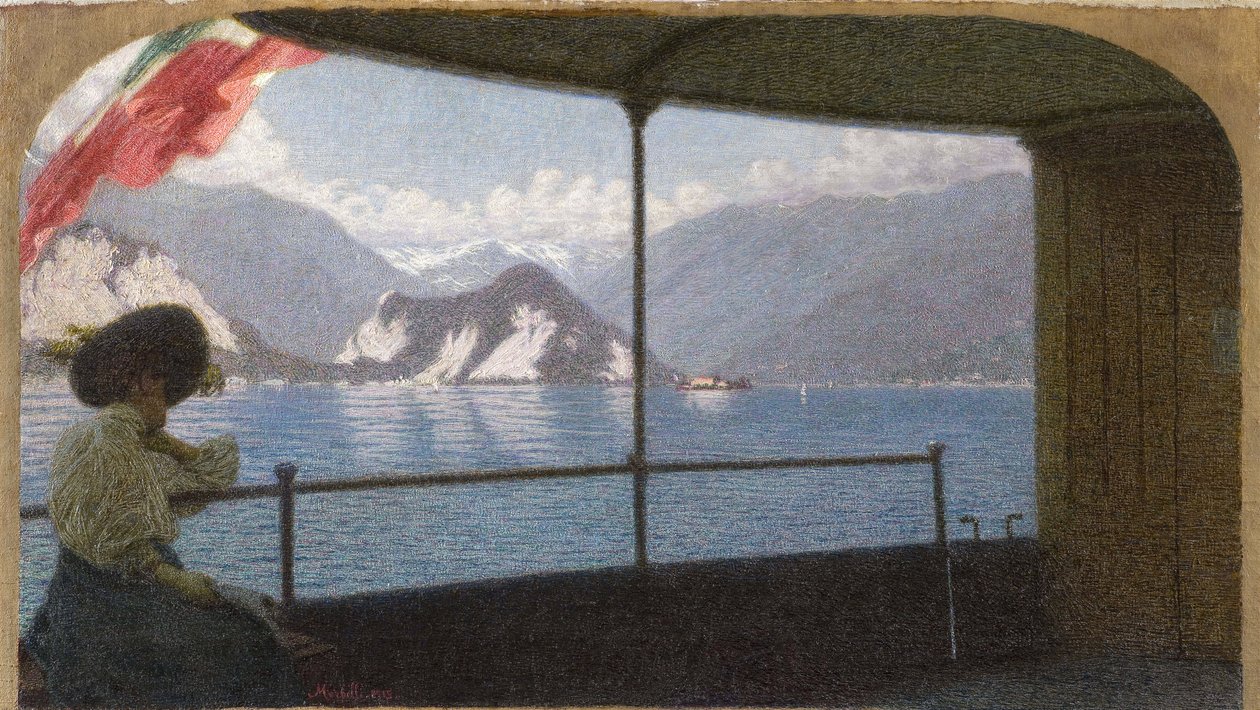 马焦雷湖上的一艘船--安吉洛-莫贝利（1853-1919）。布面油画 作者 安吉洛·莫贝利（Angelo Morbelli）