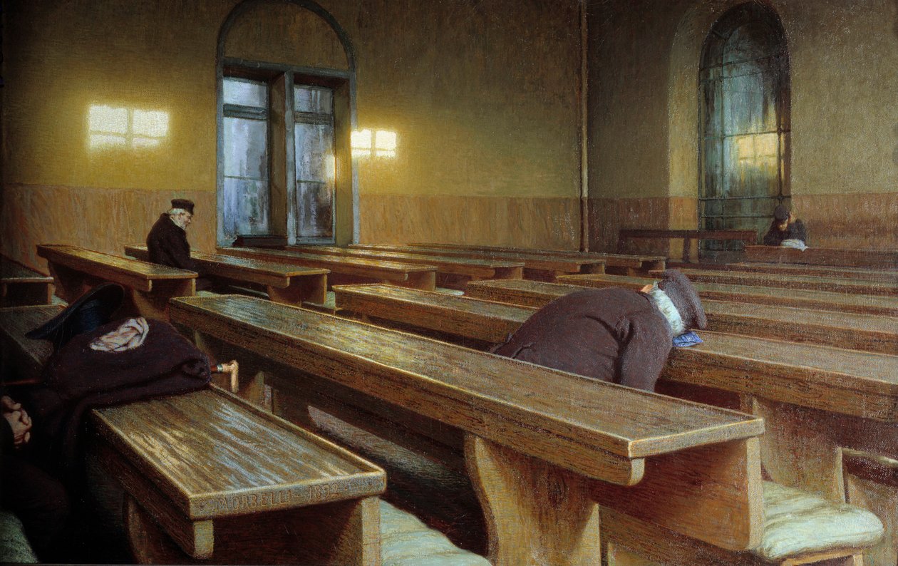 米兰 Trivulzio 临终关怀医院的庆祝日。 Angelo Morbelli (1853-1919) 的绘画 作者 安吉洛·莫贝利（Angelo Morbelli）