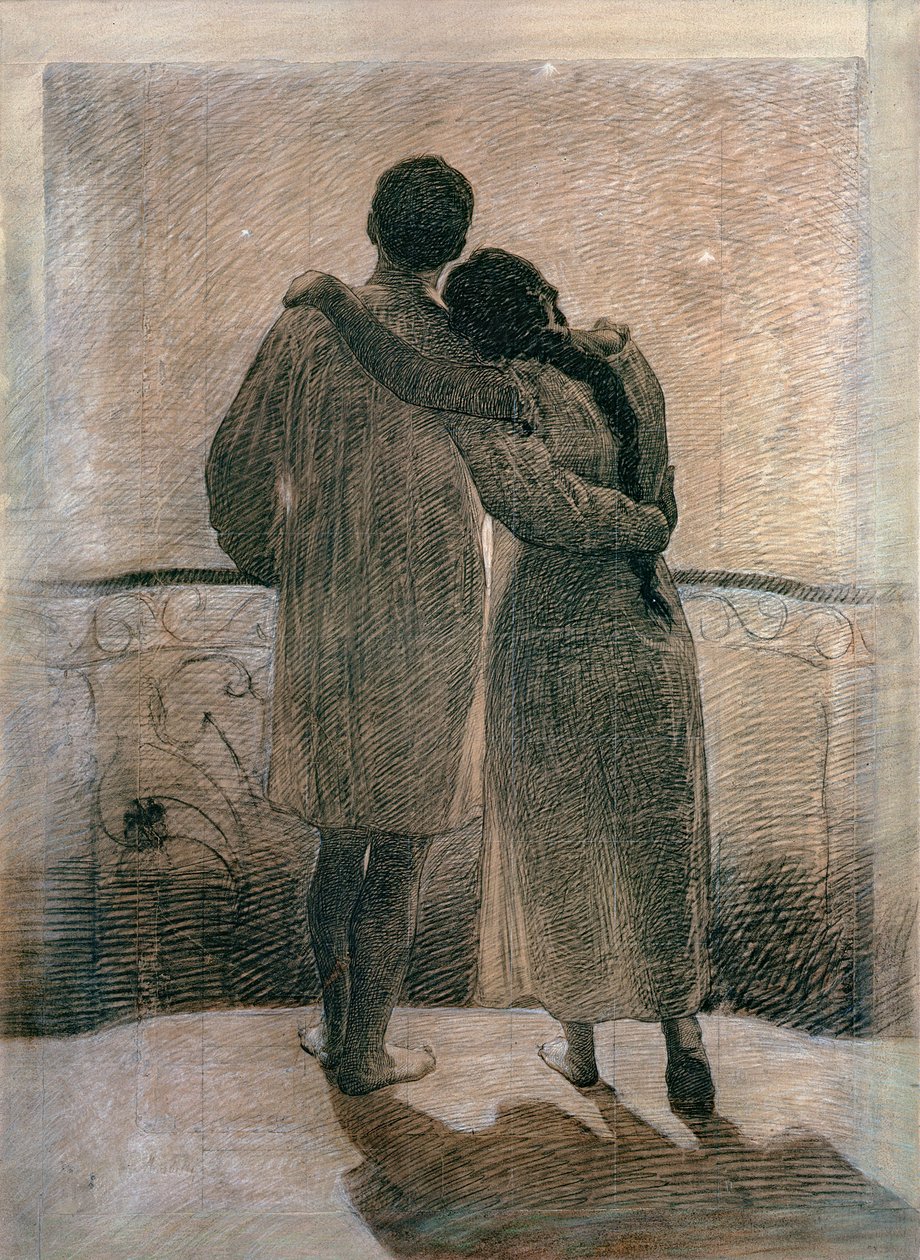 年轻夫妇，梦想和现实三联画的中央小组，1905年（铅笔＆木炭在纸上） 作者 安吉洛·莫贝利（Angelo Morbelli）