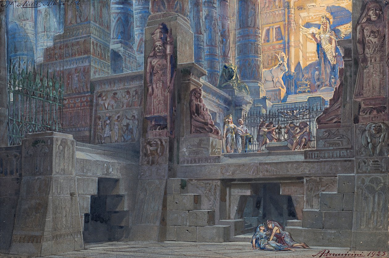 朱塞佩-威尔第的歌剧《阿伊达》的布景设计，1923年。 作者 安杰洛·帕拉维奇尼