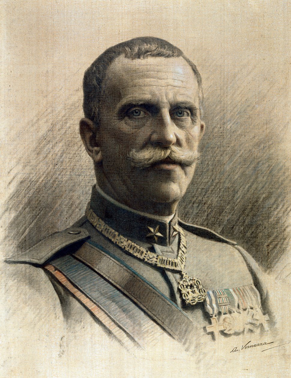 意大利国王维托里奥·埃马努埃莱三世 (Victor Emmanuel III) (1869-1947) 的肖像 安杰洛·韦尔纳扎 (1869-1937) 画作 尺寸 97x70 厘米 Genes Nervi，现代艺术画廊，编号。 0597 作者 安杰洛·韦尔纳扎（Angelo Vernazza）