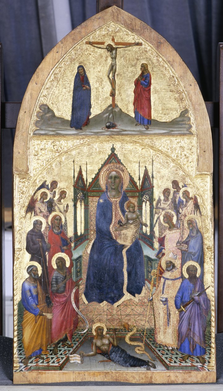 沉溺于麦当娜和儿童与天使和圣徒，c.1360-70（白杨木上的蛋彩画） 作者 安吉洛·迪·普契涅利