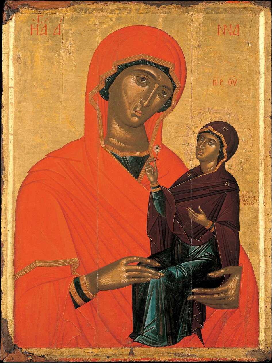 Akotandos，Angelos（活跃于 1425-1460 年）圣安妮与面板上的处女蛋彩画约 1440-1460 年雅典贝纳基博物馆 106x76 作者 安吉洛斯·阿科坦托斯（Angelos Akotantos）