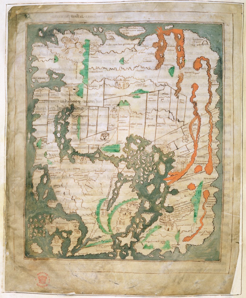 Cott Tib B V 第 1 部分 f.56v 长方形世界地图，约 1030 年（牛皮纸） 作者 盎格鲁撒克逊人