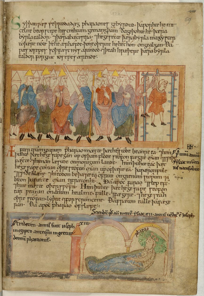 Cotton Claudius B. IV, f.59 法老吊死了他的首席面包师，牛皮纸 作者 盎格鲁撒克逊人