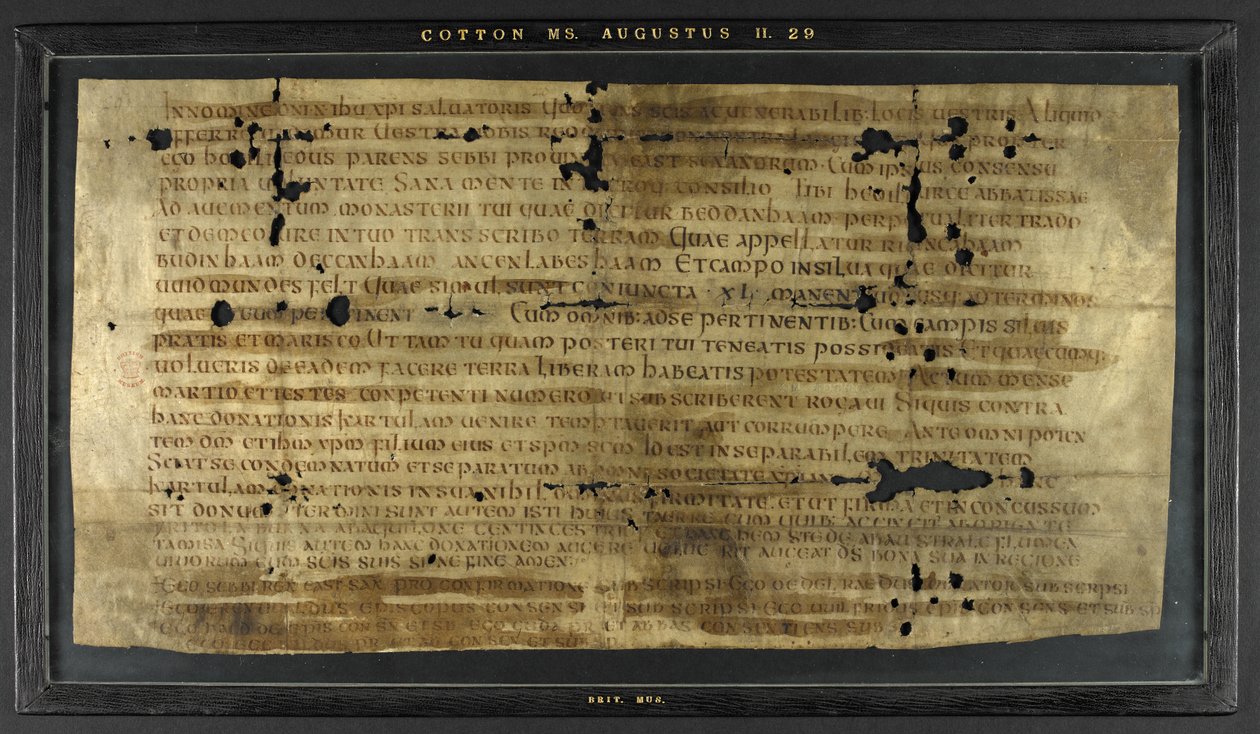 东撒克逊国王塞比（Sebbi，卒于 685-706 年）的亲戚 Hodilredus（Æthelred）授予女修道院院长 Hedilburg（Æthelburg）的赠与书 作者 盎格鲁撒克逊盎格鲁撒克逊