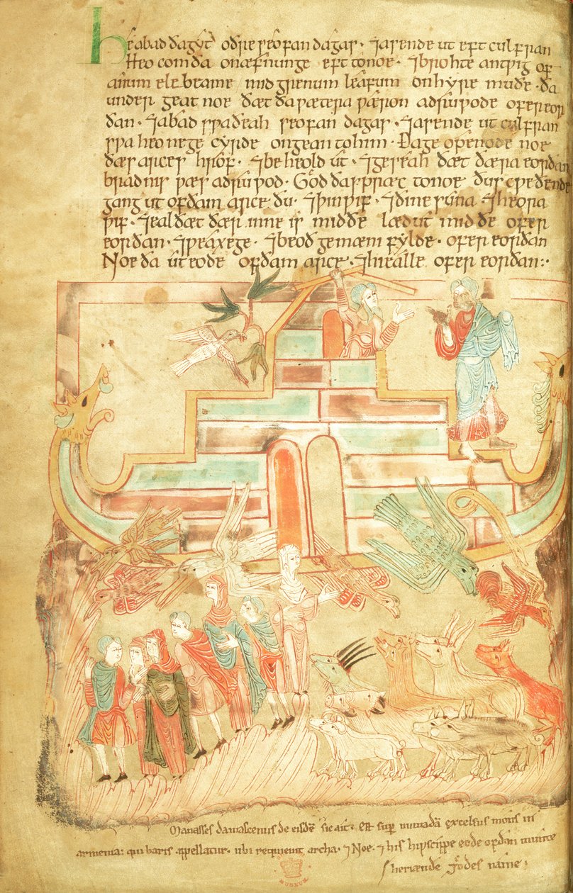 Cott Claud B IV f.15v 诺亚和家人离开方舟，选自坎特伯雷圣奥古斯丁教堂的《艾尔弗里克五经》。 作者 盎格鲁撒克逊人