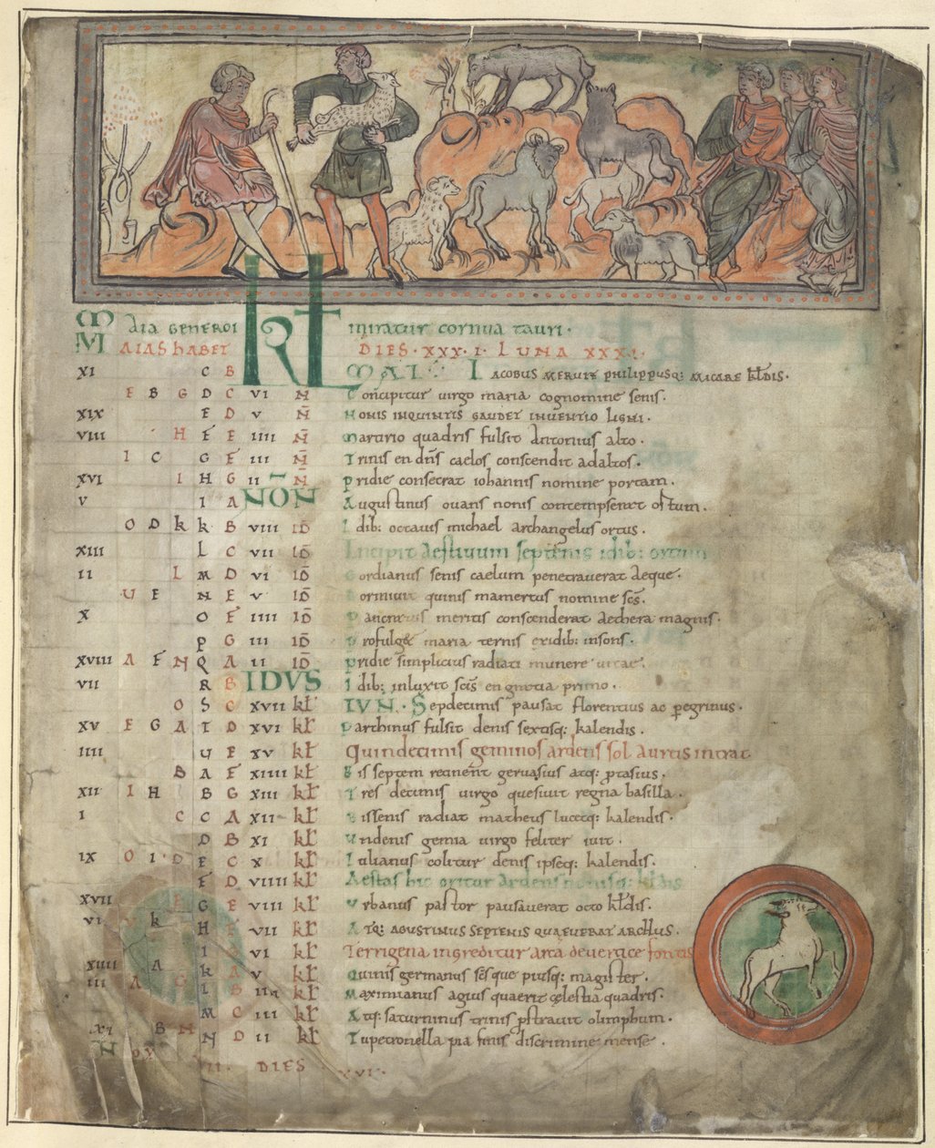 Cotton Tiberius B. V, Part 1, f.5 五月日历页。牧羊。两个牧羊人带着羊群，其中一个手持羊角，还有三个坐着的人物。脚下是白羊座的圆环 作者 盎格鲁撒克逊人