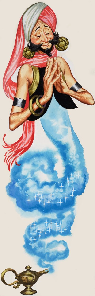 精灵从神灯中走出，《阿拉丁和他的神灯》插图（纸面水粉画） 作者 安格斯·麦克布莱德