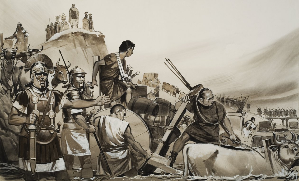 凯撒大帝（公元前 100-44 年）率领士兵渡过卢比肯小河，向罗马进军（水粉画，纸面） 作者 安格斯·麦克布莱德