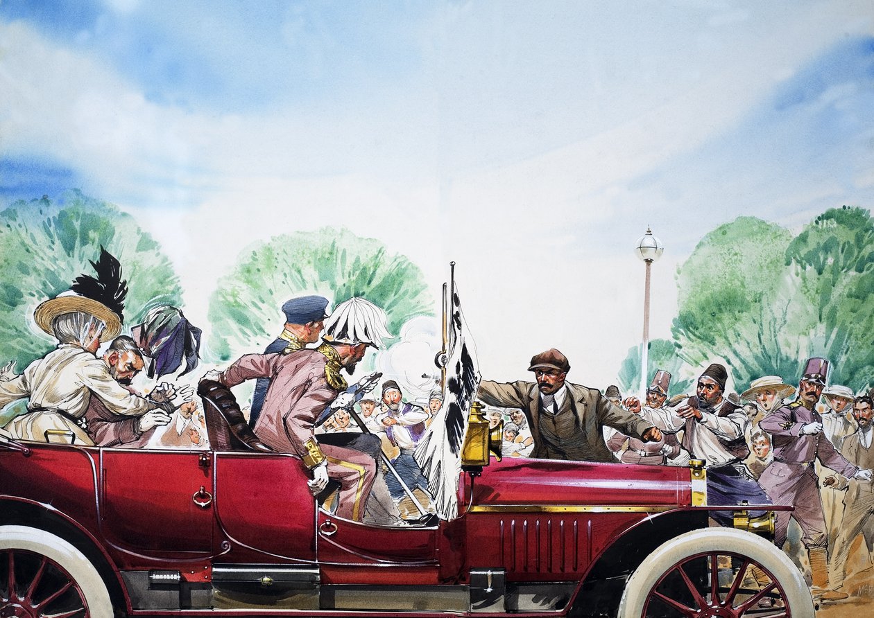 第一次世界大战爆发，插图选自《世界历史上的大事件》（水粉画，纸本） 作者 安格斯·麦克布莱德