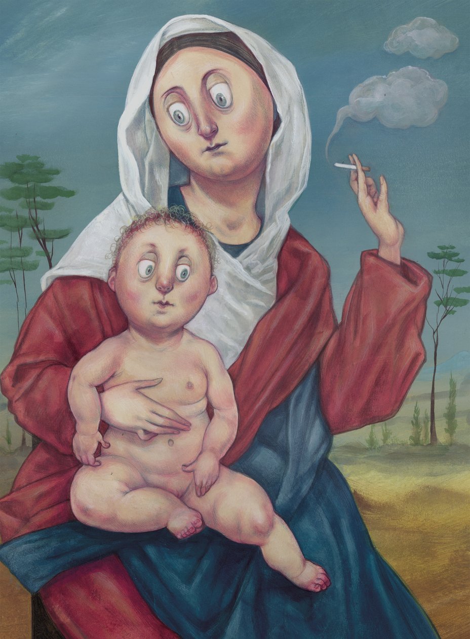 抽着烟的麦当娜》，2018 年（插图板上的丙烯颜料） 作者 安妮塔昆兹